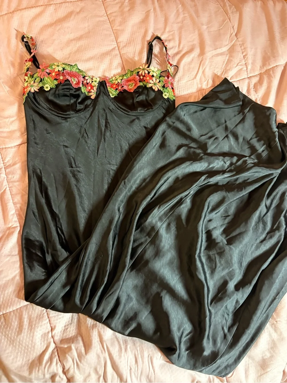 Princess Polly Black Satin Slip Dress with Floral Embroidery